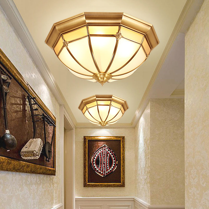 Colonial White Glass Dome Ceiling Light Fixture for Bedroom - Brass, Flush Mount - 3/4/6 Heads - Available in 14"/18"/23.5" Width