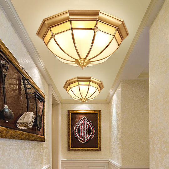 Colonial White Glass Dome Ceiling Light Fixture for Bedroom - Brass, Flush Mount - 3/4/6 Heads - Available in 14"/18"/23.5" Width