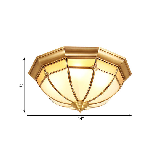 Colonial White Glass Dome Ceiling Light Fixture for Bedroom - Brass, Flush Mount - 3/4/6 Heads - Available in 14"/18"/23.5" Width