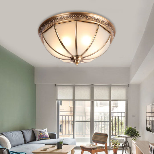 Bedroom Ceiling Flush Mount Light - Colonial Dome Ivory Glass Fixture with Brass Accents