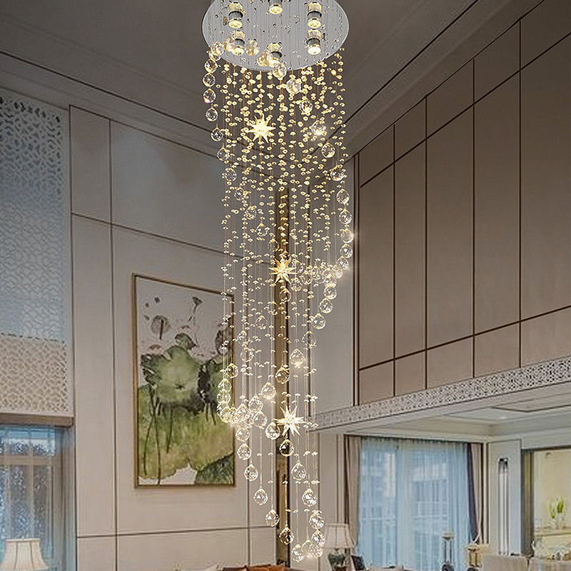 Contemporary Crystal 6-Head Spiral Flushmount Ceiling Fixture in Stainless Steel