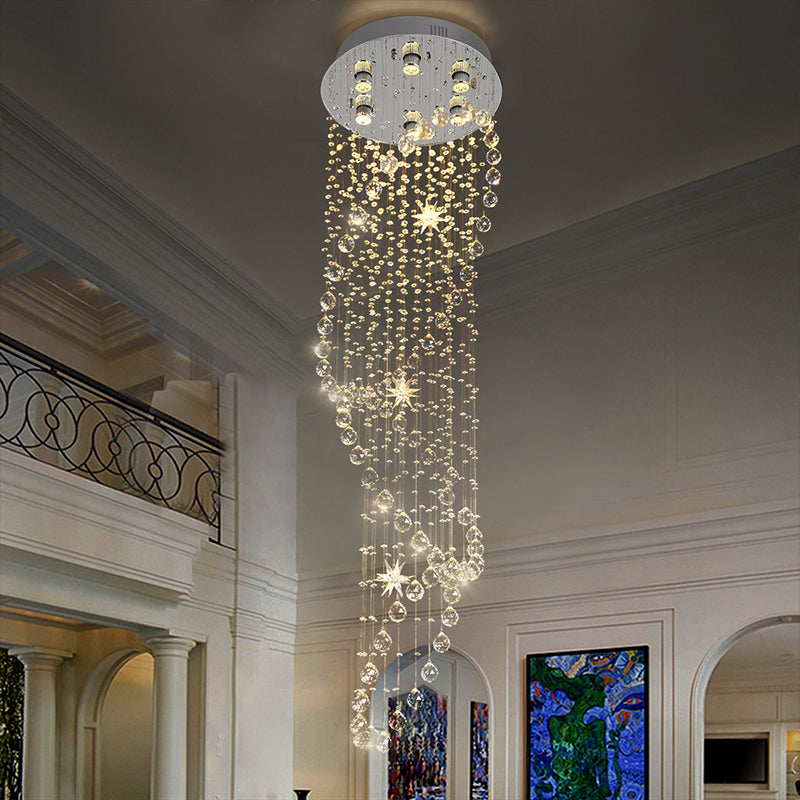 Contemporary Crystal 6-Head Spiral Flushmount Ceiling Fixture in Stainless Steel