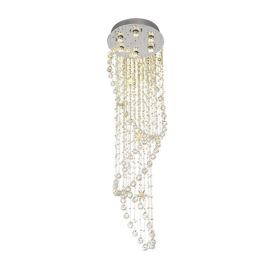 Contemporary Crystal 6-Head Spiral Flushmount Ceiling Fixture in Stainless Steel