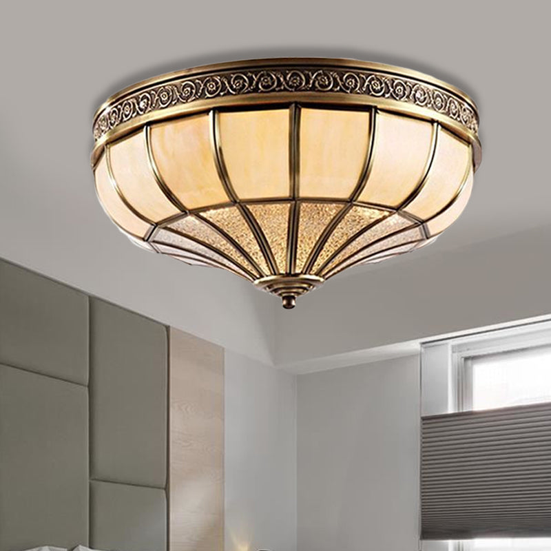 Colonial Opaque Glass Dome Bedroom Flush Mount Lamp, Brass Ceiling Light Fixture - 3/4 Bulbs, 12.5"/16" Width