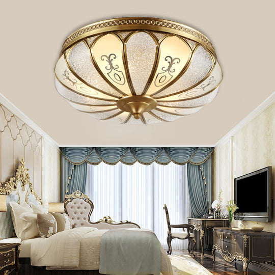 Brass Colonial 3-Light Flush Mount Ceiling Fixture with Frosted Glass Scalloped Shade for Living Room