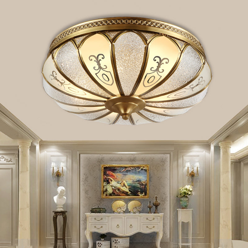 Brass Colonial 3-Light Flush Mount Ceiling Fixture with Frosted Glass Scalloped Shade for Living Room