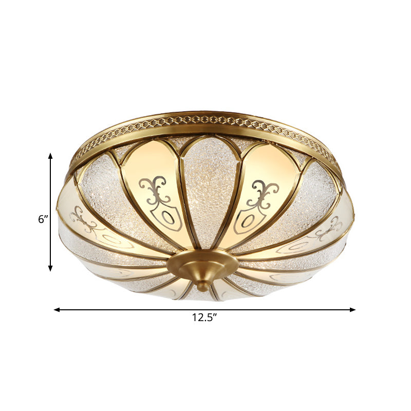 Brass Colonial 3-Light Flush Mount Ceiling Fixture with Frosted Glass Scalloped Shade for Living Room