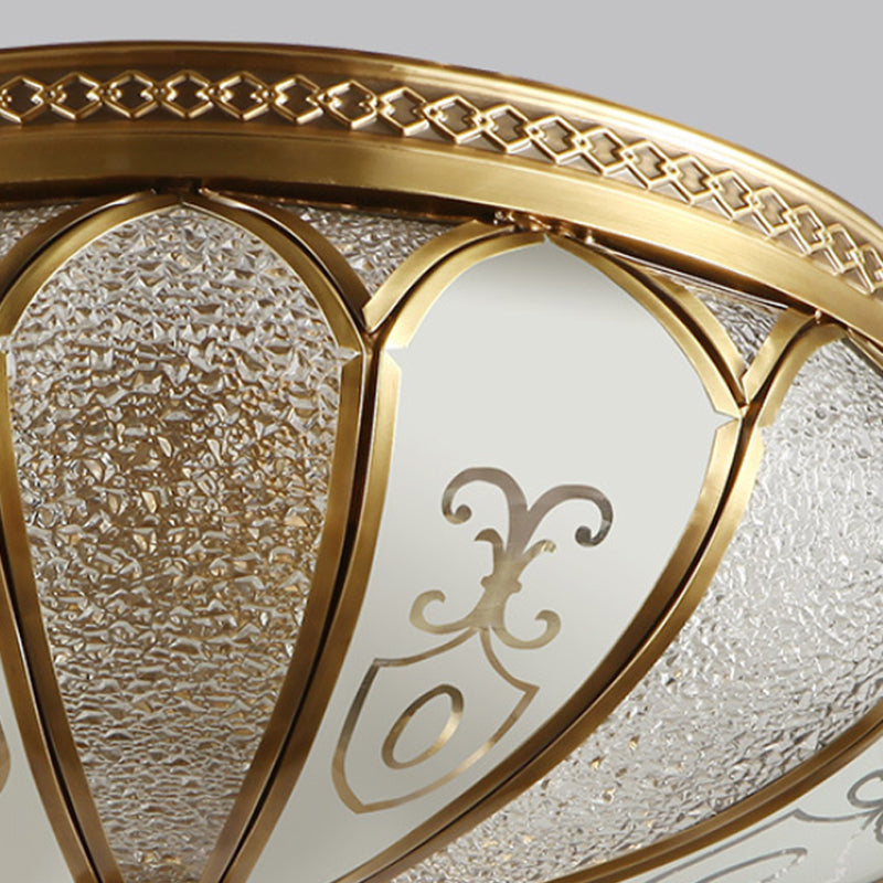Brass Colonial 3-Light Flush Mount Ceiling Fixture with Frosted Glass Scalloped Shade for Living Room