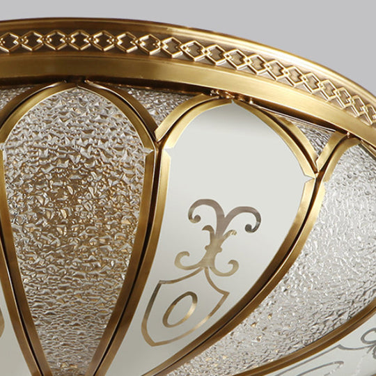Brass Colonial 3-Light Flush Mount Ceiling Fixture with Frosted Glass Scalloped Shade for Living Room