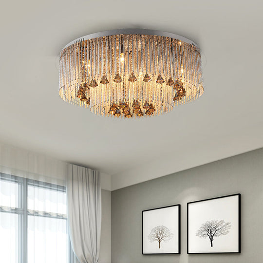 Contemporary Crystal Flush Light Fixture - Round, Nickel Ceiling Mount for Living Room (9/12/18 Bulbs)