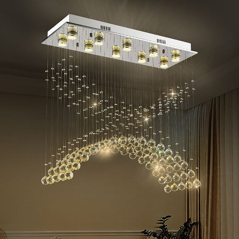 Contemporary Crystal Ceiling Light Fixture - 10 Heads Bend Flush Mount in Nickel Finish