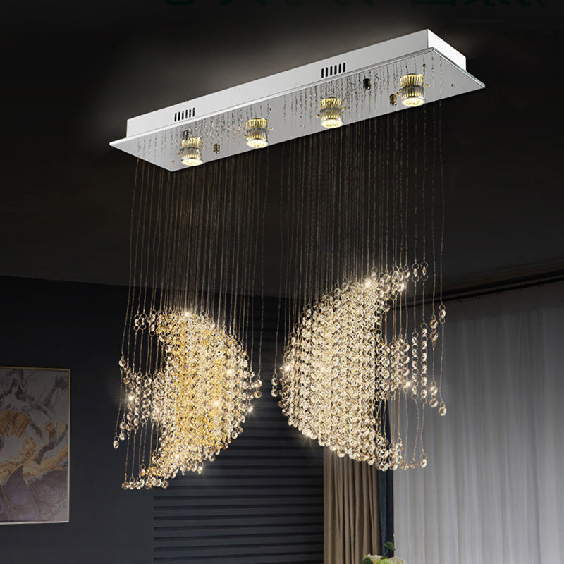 Modern Nickel Fish Flush Light with Crystal Accents - 4 Heads, 3w/5w Close to Ceiling Lighting for Living Room