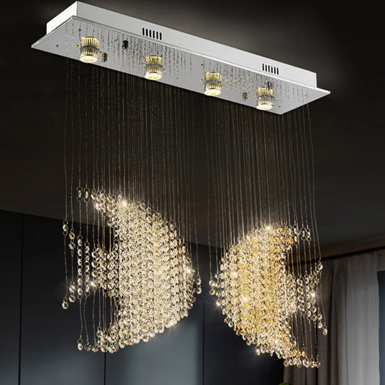 Modern Nickel Fish Flush Light with Crystal Accents - 4 Heads, 3w/5w Close to Ceiling Lighting for Living Room