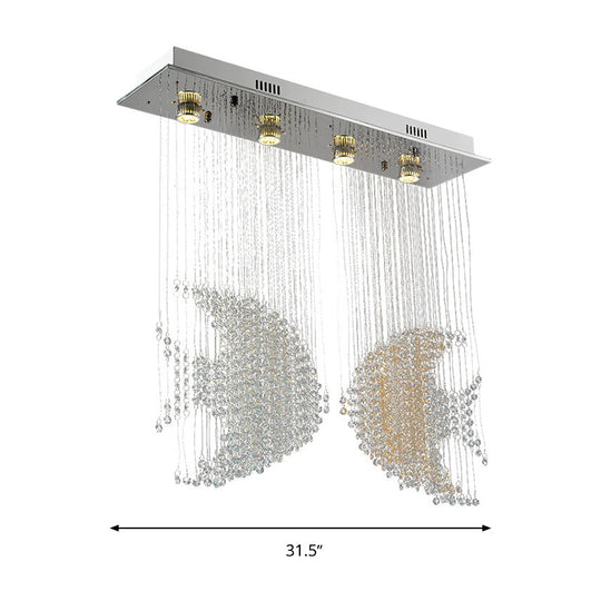 Modern Nickel Fish Flush Light with Crystal Accents - 4 Heads, 3w/5w Close to Ceiling Lighting for Living Room