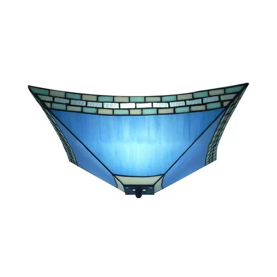 Blue Stained Glass Ceiling Light: Flush Mount with Tiffany Style Pyramid Shade - Perfect for Living Room