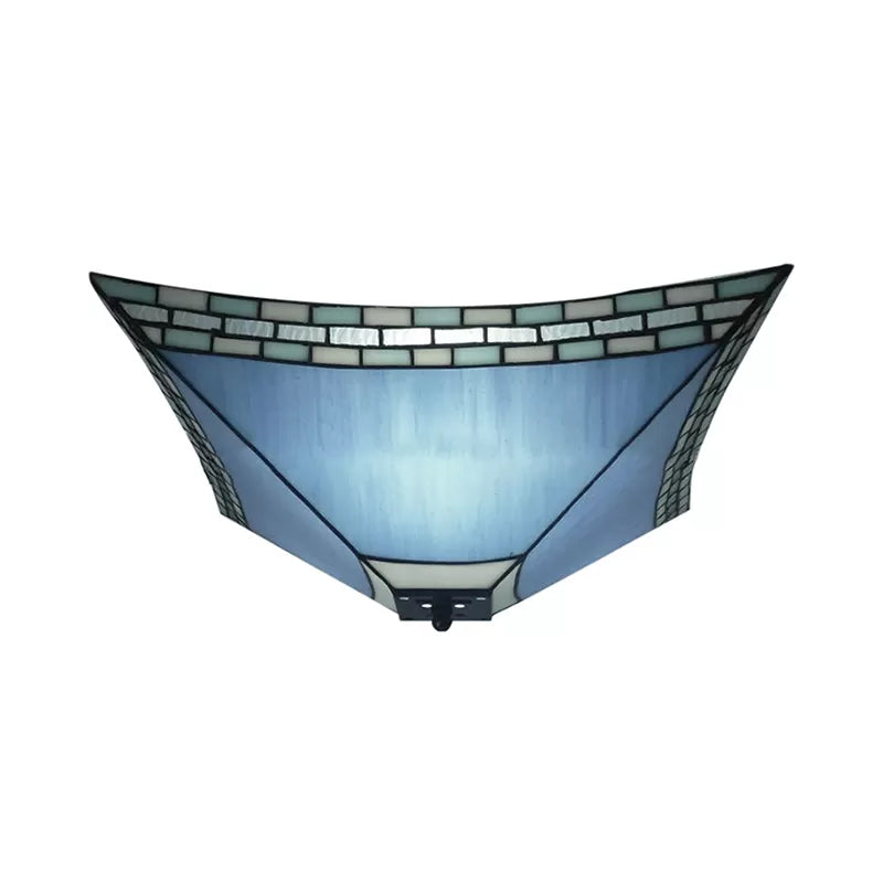 Blue Stained Glass Ceiling Light: Flush Mount with Tiffany Style Pyramid Shade - Perfect for Living Room