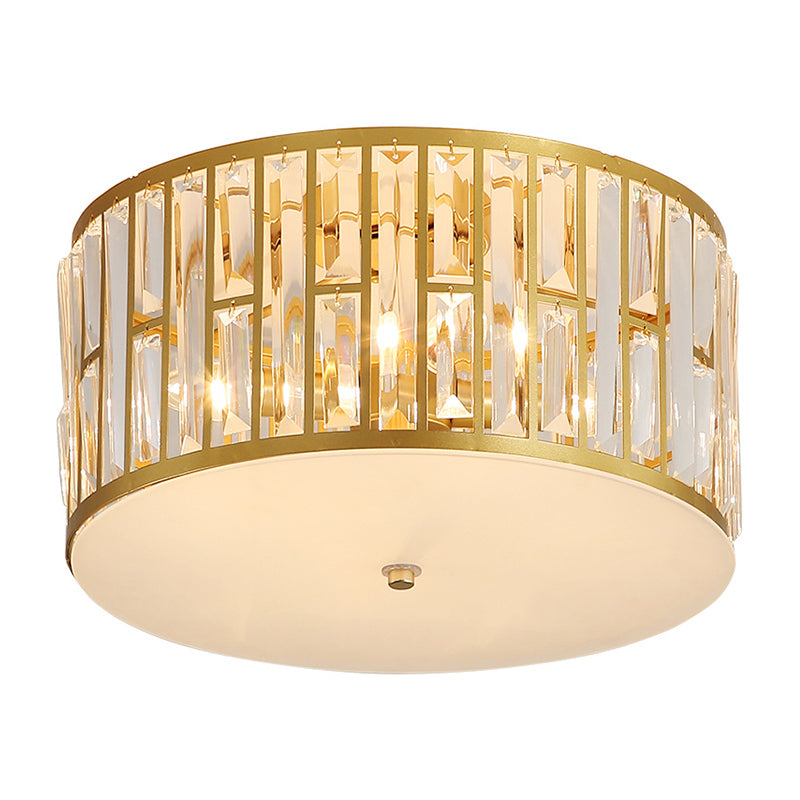 Modern Cut Crystal Gold Drum Flush Mount Ceiling Light with Opal Glass Diffuser - 5 Bulbs, 3 Sizes