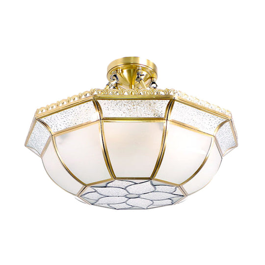 Brass Semi Flush Ceiling Light with Opal Blown Glass Dome - 4 Lights, Colonial Design - Ideal for Living Room