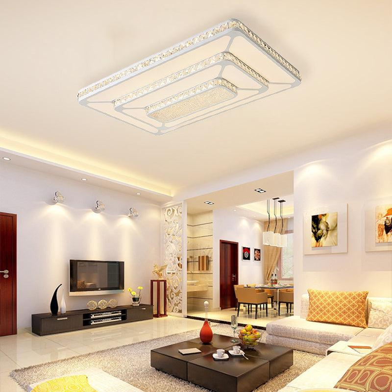 Modern Crystal LED Ceiling Light with White Rectangle Flushmount and Acrylic Diffuser