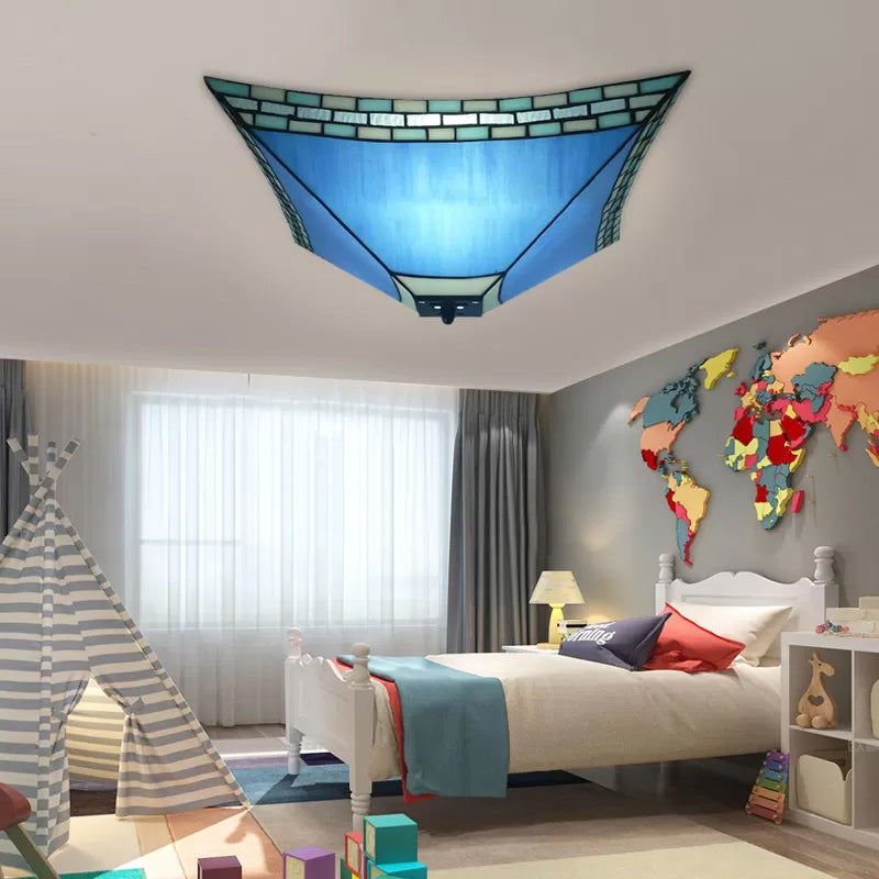 Blue Stained Glass Ceiling Light: Flush Mount with Tiffany Style Pyramid Shade - Perfect for Living Room