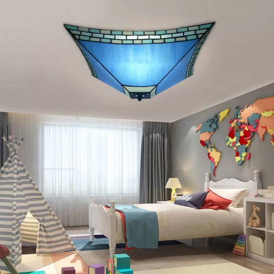Blue Stained Glass Ceiling Light: Flush Mount with Tiffany Style Pyramid Shade - Perfect for Living Room
