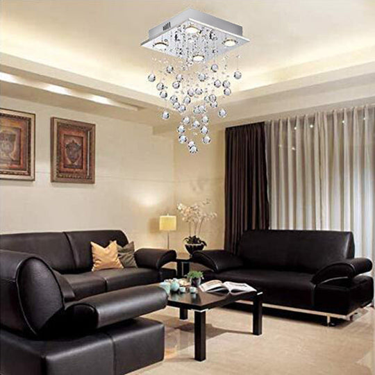 Contemporary Crystal Flush Mount Light with 4 Teardrop Lights for Living Room in Nickel Finish