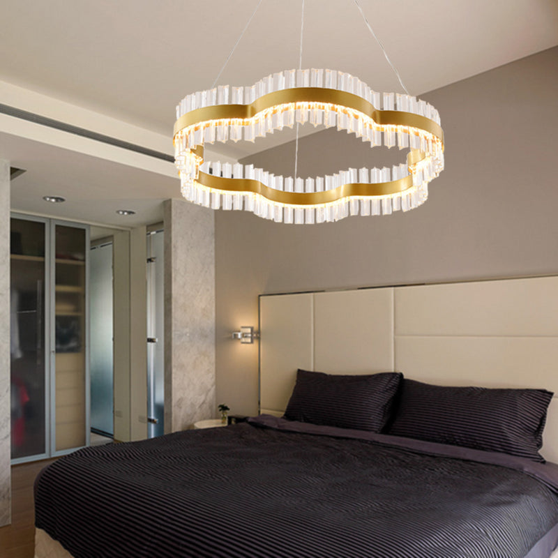 Modern Flower Crystal Ceiling Chandelier - Led Minimalist Hanging Light Kit In Black/Gold (23.5/31.5