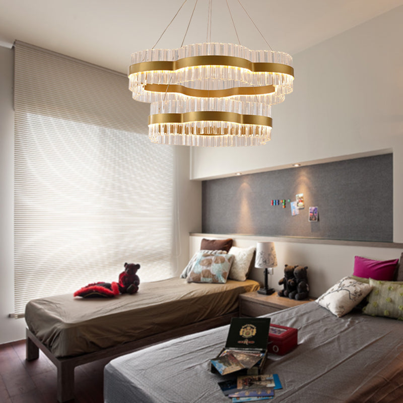 Modern Flower Crystal Ceiling Chandelier - Led Minimalist Hanging Light Kit In Black/Gold (23.5/31.5