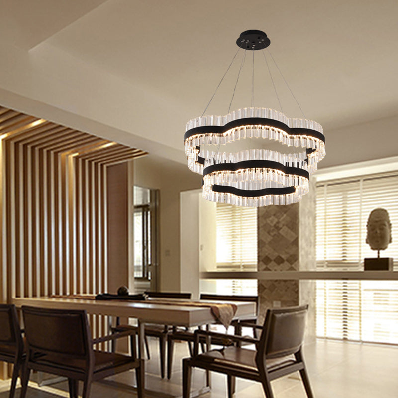 Modern Flower Crystal Ceiling Chandelier - Led Minimalist Hanging Light Kit In Black/Gold (23.5/31.5