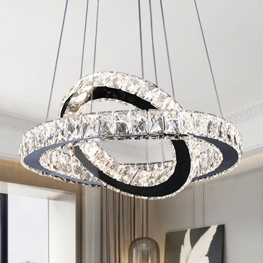 Minimalist Crystal Ring Chandelier LED Light Kit, Black, Ideal for Bedroom, 19-23.5 inches Wide