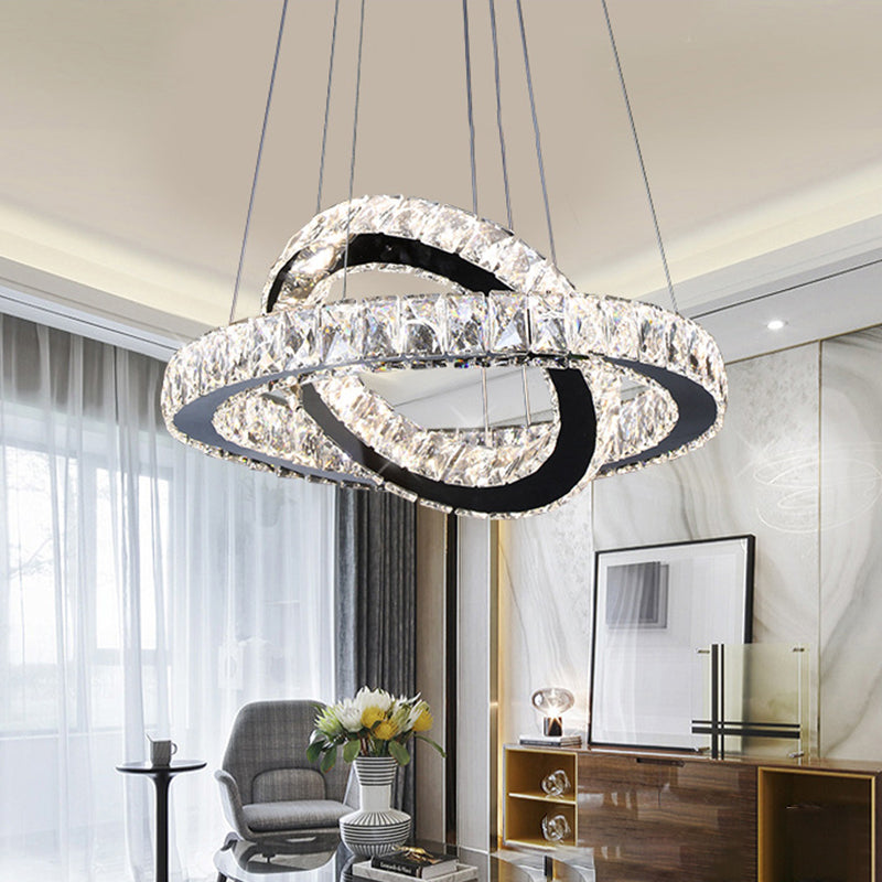 Minimalist Crystal Ring Chandelier LED Light Kit, Black, Ideal for Bedroom, 19-23.5 inches Wide