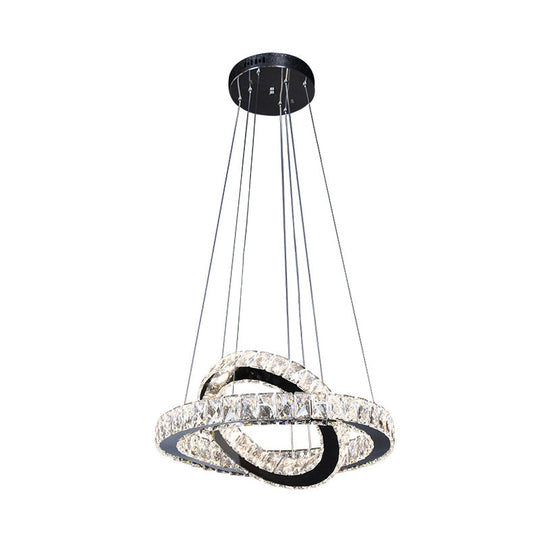 Minimalist Crystal Ring Chandelier LED Light Kit, Black, Ideal for Bedroom, 19-23.5 inches Wide