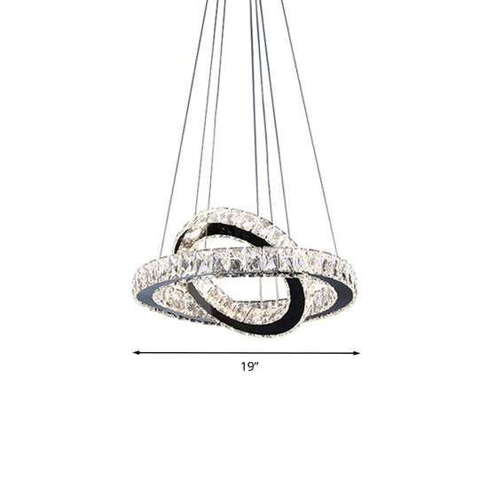 Minimalist Crystal Ring Chandelier LED Light Kit, Black, Ideal for Bedroom, 19-23.5 inches Wide
