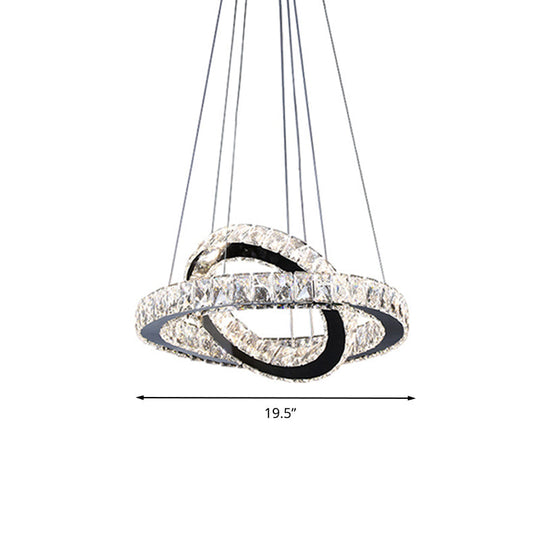 Minimalist Crystal Ring Chandelier LED Light Kit, Black, Ideal for Bedroom, 19-23.5 inches Wide