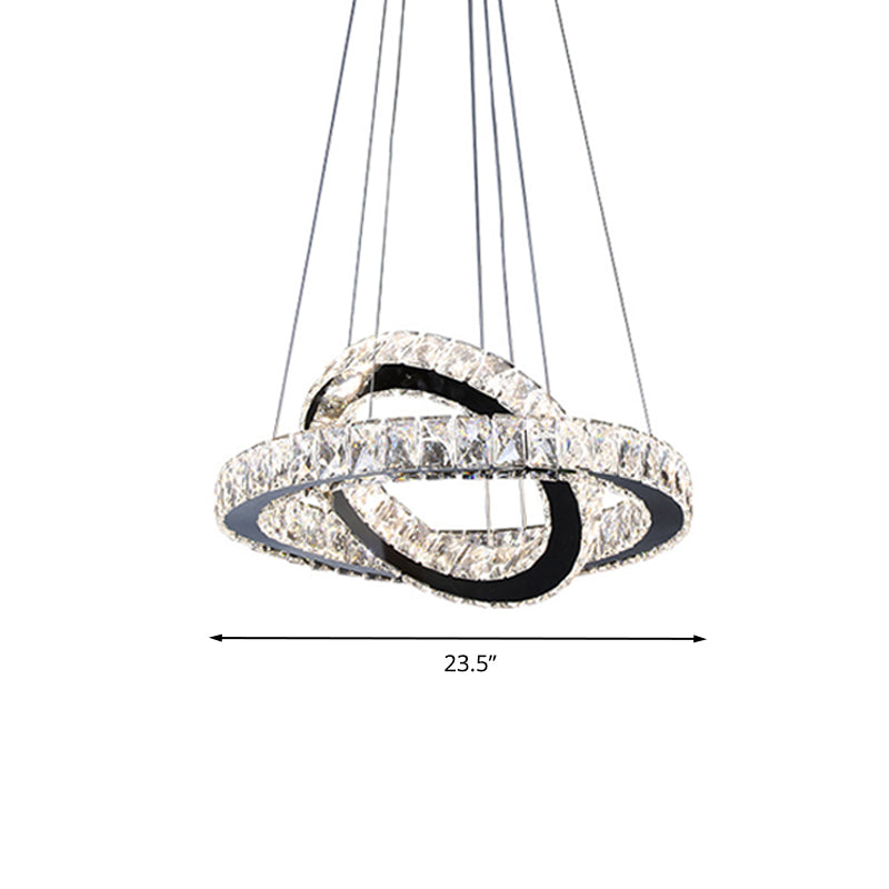 Minimalist Crystal Ring Chandelier LED Light Kit, Black, Ideal for Bedroom, 19-23.5 inches Wide