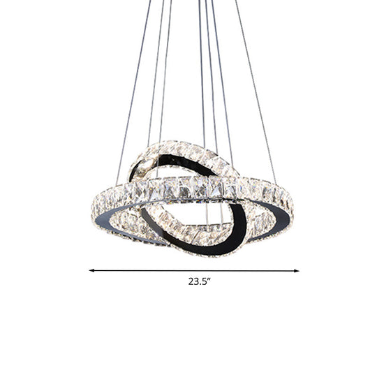 Minimalist Crystal Ring Chandelier LED Light Kit, Black, Ideal for Bedroom, 19-23.5 inches Wide