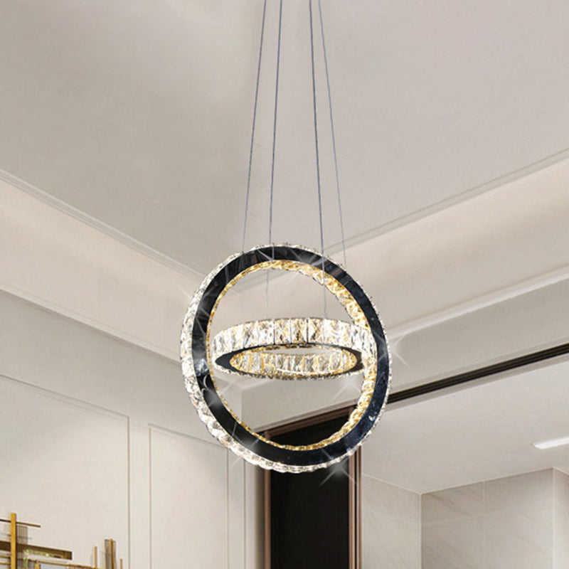 Modern Black LED Ring Chandelier with Crystal Accents for Living Room