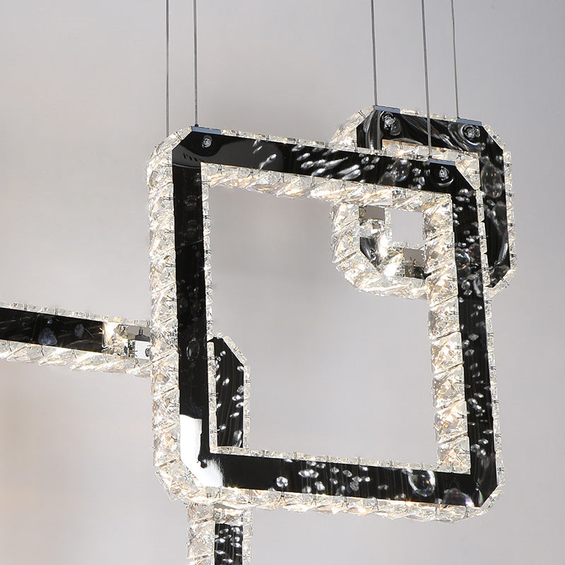 Modern Minimalist LED Black Crystal Pendant Light - Square Cluster Hanging Lamp for Living Room