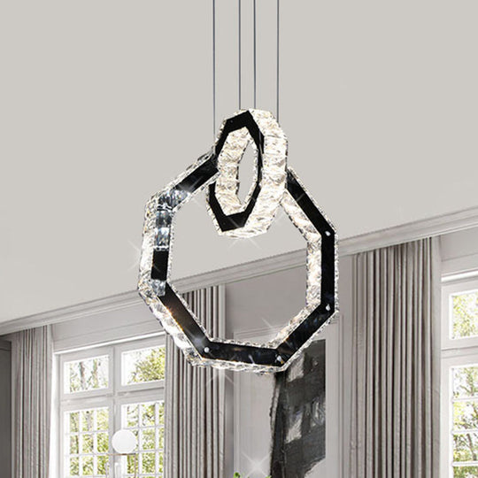 Minimalist Led Crystal Chandelier Pendant Light With Polygon Design Black Fixture
