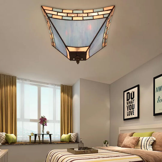 Blue Stained Glass Ceiling Light: Flush Mount with Tiffany Style Pyramid Shade - Perfect for Living Room