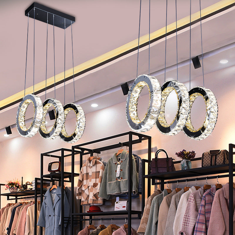 Contemporary Black Crystal LED Pendant: Round Living Room Cluster with Down Lighting