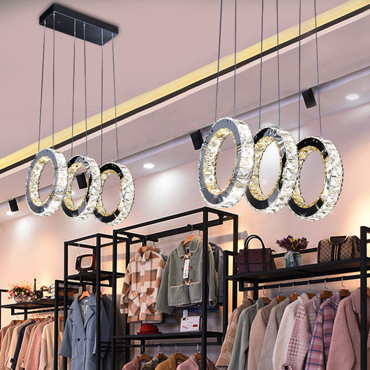 Contemporary Black Crystal LED Pendant: Round Living Room Cluster with Down Lighting