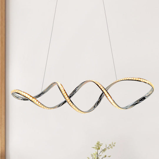 Modern Crystal LED Chandelier - Twist Hanging Pendant Light for Dining Room, Chrome Finish, Warm/White Glow