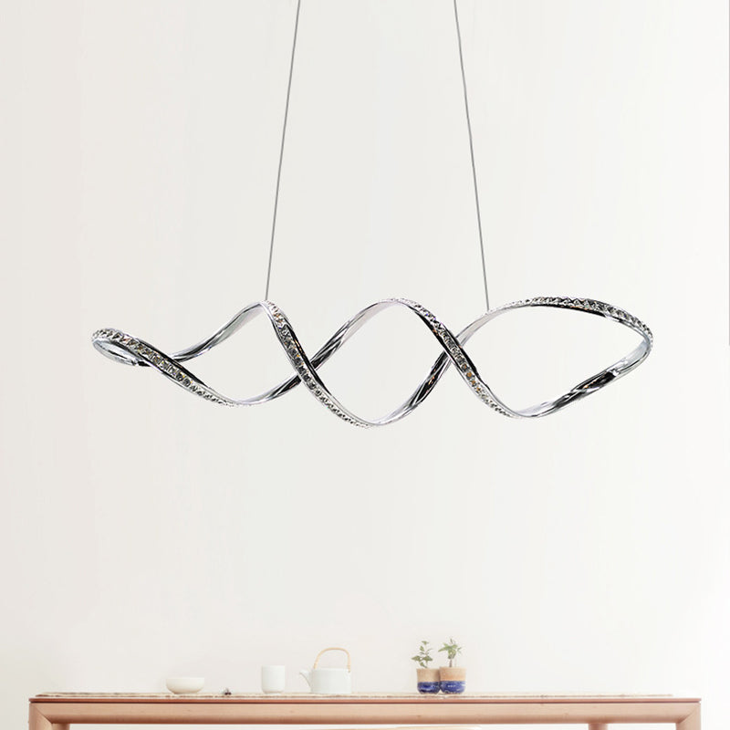 Modern Crystal LED Chandelier - Twist Hanging Pendant Light for Dining Room, Chrome Finish, Warm/White Glow