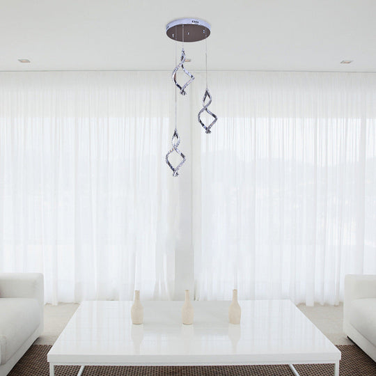 Modern Twist Shaped Nickel Pendant Light With Crystal Down Lighting - 3 Lights Warm/White