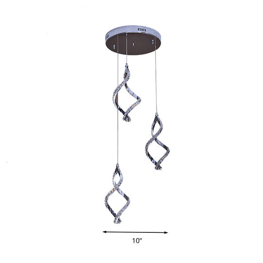 Modern Twist Shaped Nickel Pendant Light With Crystal Down Lighting - 3 Lights Warm/White
