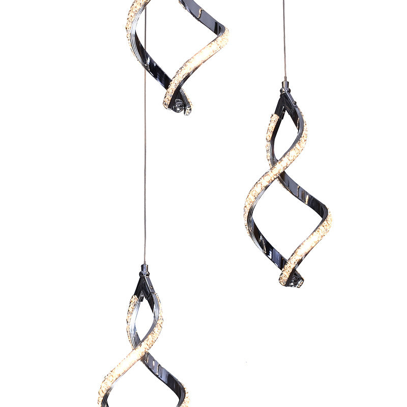 Modern Twist Shaped Nickel Pendant Light With Crystal Down Lighting - 3 Lights Warm/White