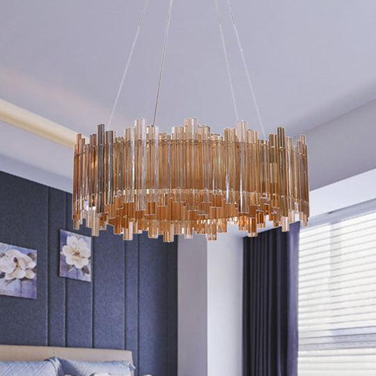 Amber LED Drum Crystal Chandelier Pendant Light for Minimalist Living Room