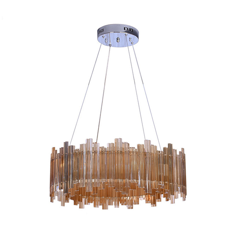 Amber LED Drum Crystal Chandelier Pendant Light for Minimalist Living Room