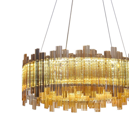 Amber LED Drum Crystal Chandelier Pendant Light for Minimalist Living Room